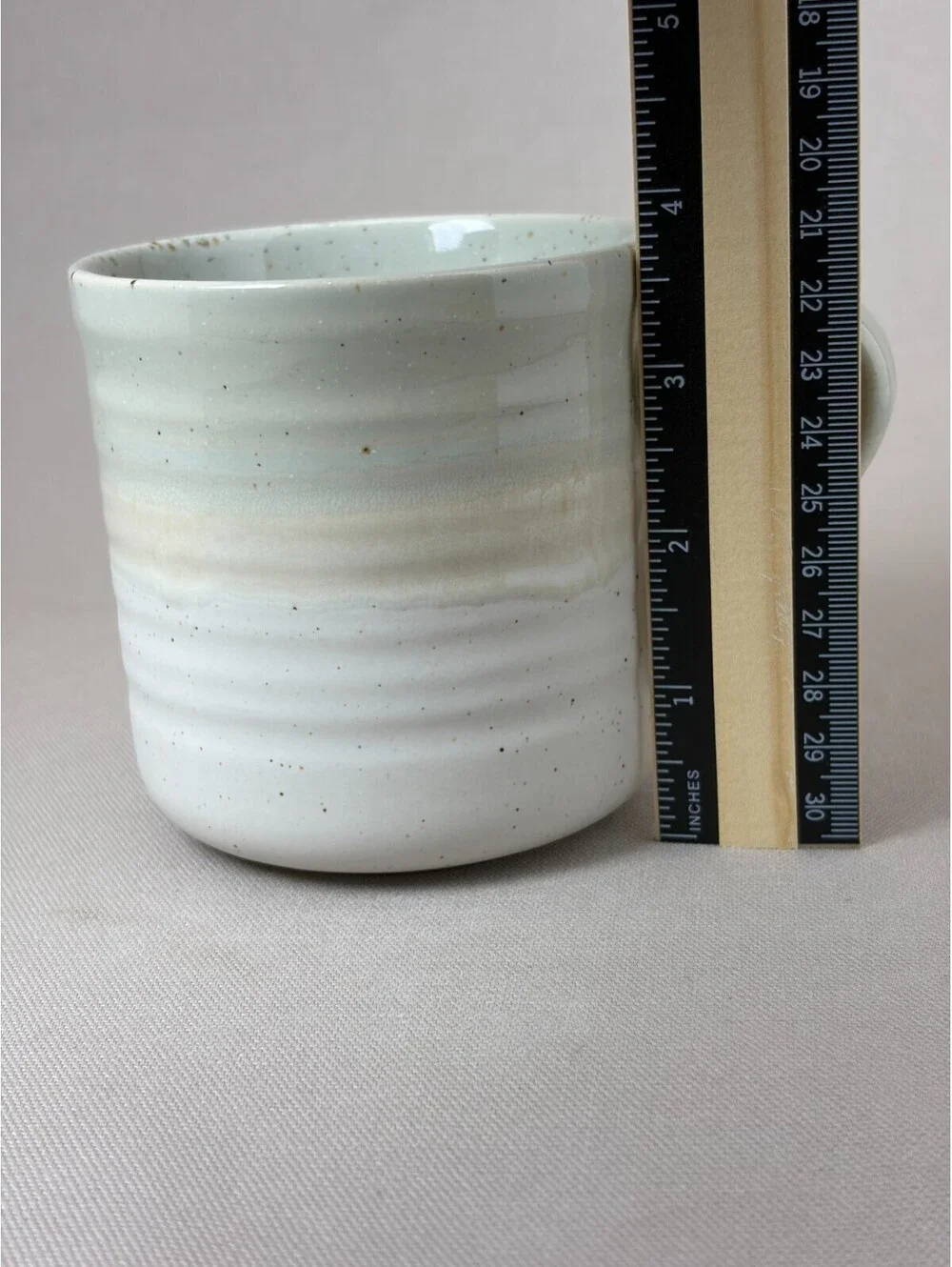 Baum Hearth Coffee Mug Speckled Stoneware Sage Green Tan Cream Ribbed Tea Cup